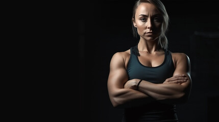 Schöne Crossfit Athletin mit verschränkten Armen vor schwarzem Hintergrund, generative KI