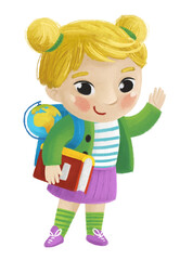 cartoon child kid girl pupil going to school learning with globe childhood illustration for kids