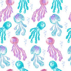 Seamless pattern with pink and blue jellyfish and bubbles on a white background.