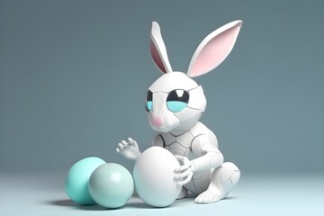 Cyber easter rabbit with pastel easter eggs. Futuristic easter rabbit.