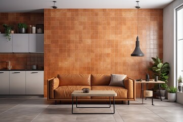 Warm orange tiles wall mockup with leather couch behind the kitchen. Generative AI