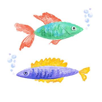 Colorful fish with bubbles on a white background.
