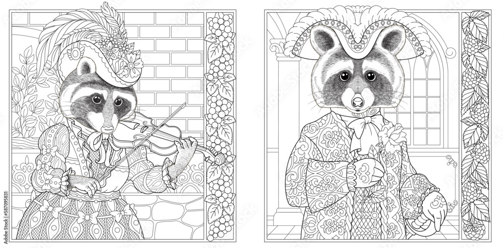 Wall mural Victorian style raccoon man and woman. Adult coloring book pages with floral frames.