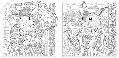 Victorian style bunny man and woman. Adult coloring book pages with floral frames.