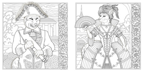 Fototapeta na wymiar Victorian style fox man and woman. Adult coloring book pages with floral frames.