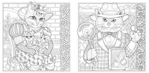 Victorian style cat man and woman. Adult coloring book pages with floral frames.