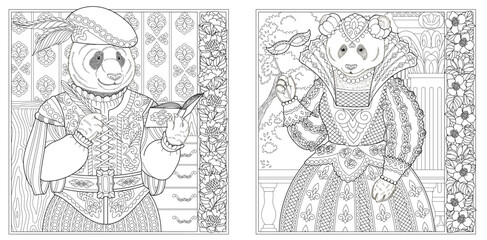 Victorian style panda man and woman. Adult coloring book pages with floral frames.