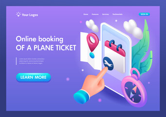 3D Isometric, cartoon. Online booking of a plane ticket, choosing the date and time of flight. Payment via the app. Trending Landing Page