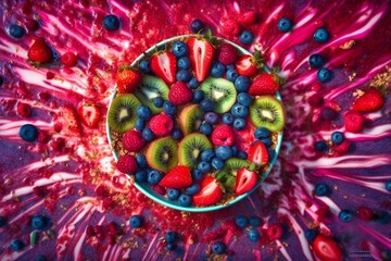 Fototapeta na wymiar vibrant smoothie bowl with blended berries, banana, and granola - a colorful and nutritious breakfast, start your day right, delicious breakfast options to satisfy every craving. generative ai