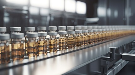 This is a digitally created 3D rendering of a pharmaceutical manufacturing background using generative AI techniques, depicting a sterile, futuristic and technologically advanced environment. The scen