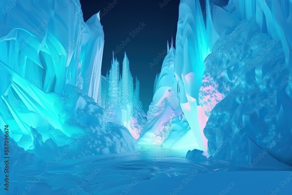 Wall mural blue ice cave covered with snow and flooded with light made with generative ai