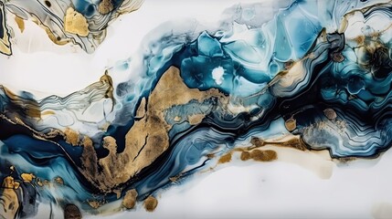 This digital artwork features a white background with blue alcohol ink textures that appear to be swirling and blending together. The ink forms abstract shapes that are reminiscent of flowing water or