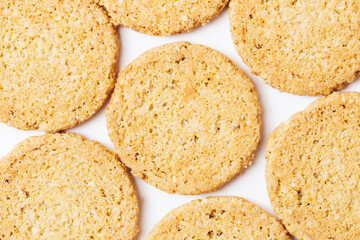 Oat cookies background. Healthy snack. Homemade healthy diet. Delicious biscuit. Cereal sweets. Breakfast snack. Dessert food.	