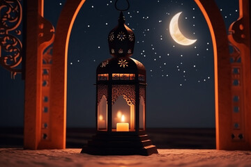 A lantern with a crescent moon and a crescent moon on the wall Generative ai