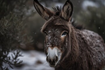 Naklejka na ściany i meble A brown miniature donkey from the Mediterranean poses in the snow. Generative AI
