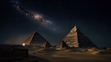 Fototapeta na wymiar The Great Pyramids of Giza and the Milky Way in Egypt, Generative AI
