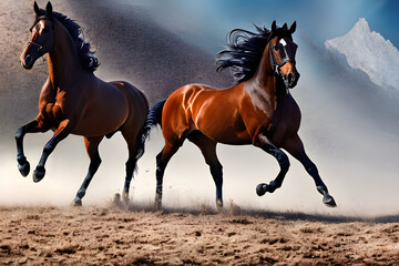 Wild Horses running in the field kicking up dust from the sand Generative Art