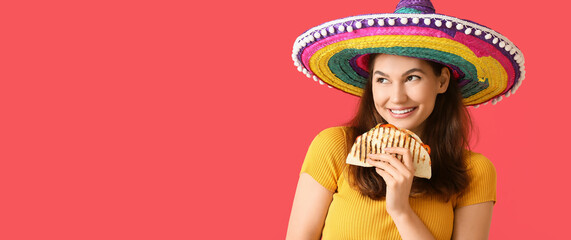 Beautiful young Mexican woman with tasty quesadilla on red background with space for text
