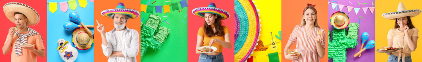 Set of Mexican people with sombrero, traditional food, maracas and decoration on colorful background