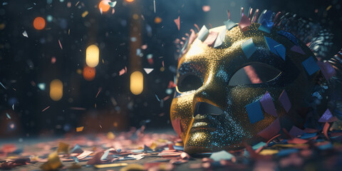 Fototapeta na wymiar Golden carnival mask with confetti on dark background. Generative AI