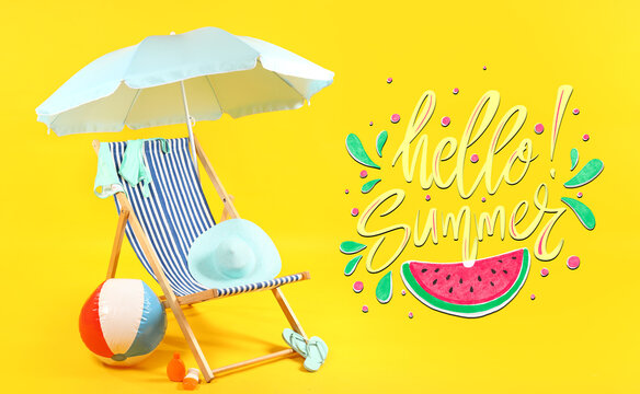 recommend clip art: Banner with text HELLO SUMMER, beach chair, umbrella, inflatable ball and accessories on yellow background