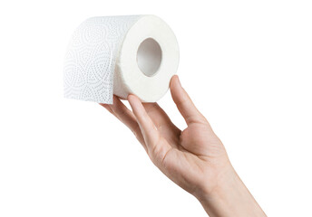 Hand holding a roll of toilet paper, cut out