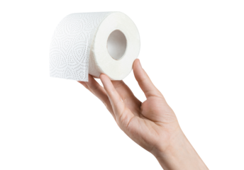 Hand holding a roll of toilet paper, cut out
