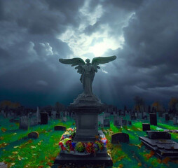 angel statue with the open ones in a cemetery with green lawn with several tombstones, clouds behind the statue, generative AI