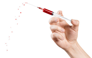 Hand holding a syringe with blood, cut out