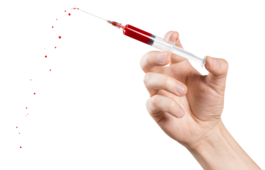 Hand holding a syringe with blood, cut out