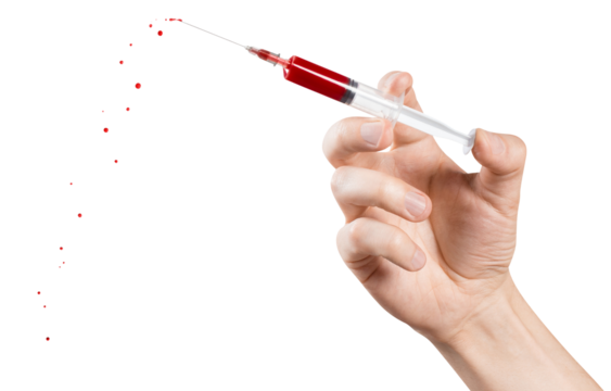 Hand holding a syringe with blood, cut out