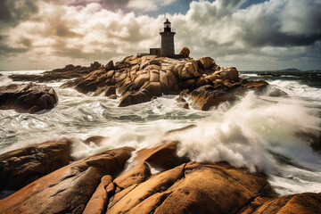 A lighthouse in the storm, Pink granite coast in French Brittany - generative ai - obrazy, fototapety, plakaty