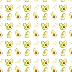 Watercolor seamless pattern of fresh whole and sliced avocado. Hand-drawn illustration isolated on white background. Perfect food menu, healthy food drawing, design packing.