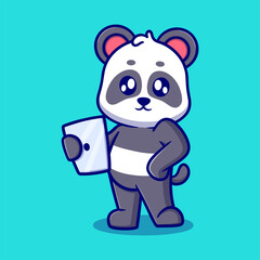 Cute panda with iPad cartoon icon illustration