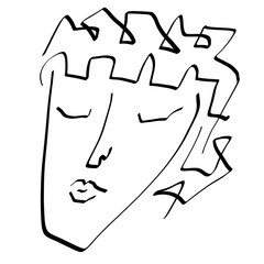 face of a person with creative hairstyle and closed eyes, black abstract sketch