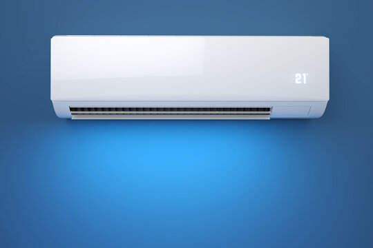 Air conditioner on blue wall, 3d illustration
