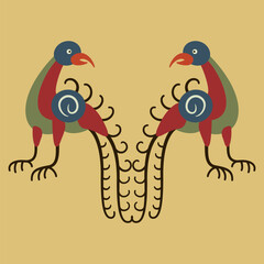 Symmetrical ornament with two stylized birds. Folk style. Medieval Russian animal design. On yellow background.