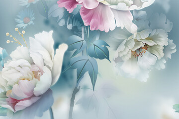 Fototapeta na wymiar Watercolor Flowers, Roses, Peony Flowers, Feather Scenery