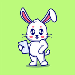 Cute business bunny with iPad cartoon icon illustration