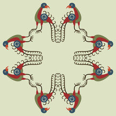 Geometrical animal frame with stylized birds. Folk style. On light green background.