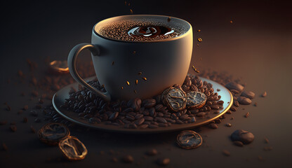 Obraz premium A Cup of Hot White Coffee Surrounded By Coffee Beans, Generative AI