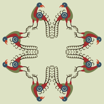 Geometrical animal frame with stylized birds. Folk style. On light green background.
