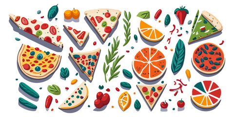 Colorful Pizza Triangles on a Wooden Board, Flat Vector Graphic Design