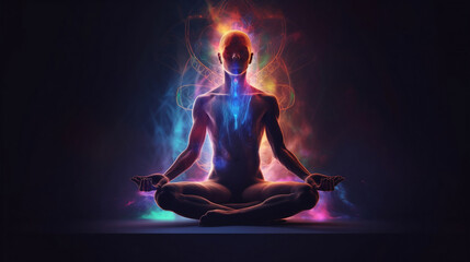 Concept of meditation and spiritual practice, expanding of consciousness, chakras and astral body activation, mystical inspiration image. Generative ai