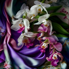 A pile of wild orchids, a silk scarf, pastel tones, carelessly thrown, gracefulness, elegance, beautiful forms, softness, delicacy, simplicity, originality, uniqueness, tenderness, Generative AI