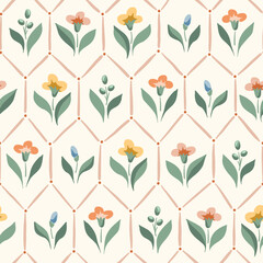 Delicate Chintz Romantic Meadow Wildflowers and Geometric Tiles Vector Seamless Pattern. Cottagecore Garden Flowers and Foliage Print. Homestead Bouquet. Farmhouse Background. Flowers in Greenhouse - 587099474