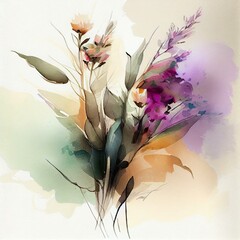 Fototapeta na wymiar Composition, silk, wildflowers, pastel shades, watercolor, strokes, careless, colors, flowers, buds, petals, bouquet, arrangement, lines, texture, shades, light and shadow, harmony Generative AI