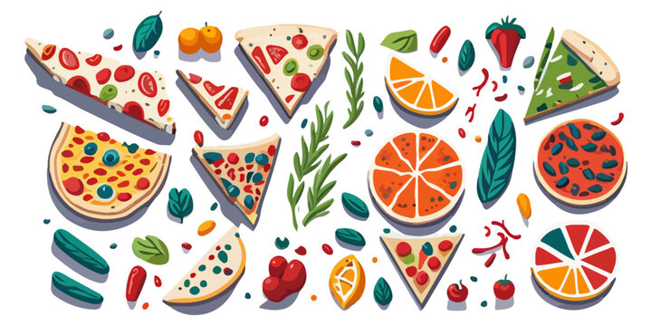 Colorful Pizza Triangles on a Wooden Board, Flat Vector Graphic Design © valenia