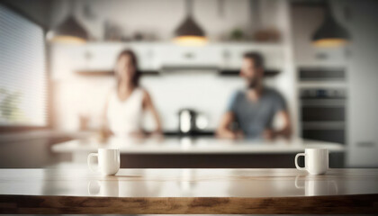 Fototapeta na wymiar Wood table top on blur kitchen counter background. generative AI