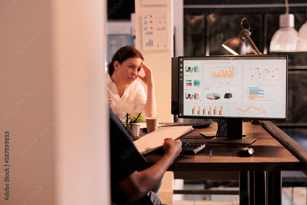 Poster office worker analyzing analytics report data on computer, comparing charts on clipboard, company re